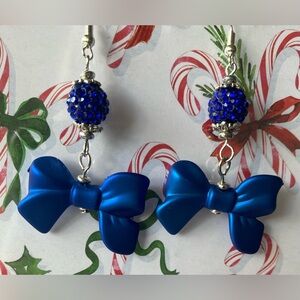 Elegant Royal Blue Bow and Sparkling Rhinestone Earrings